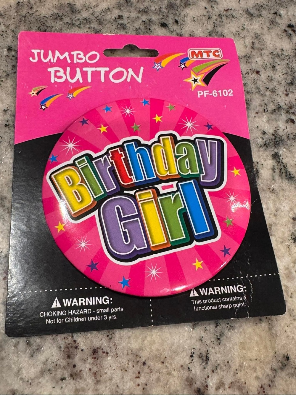 MT Birthday Girl Jumbo Button - Pink Multicolor Lettering